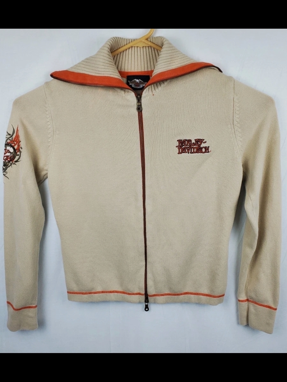 Harley-Davidson Cream Zip Cardigan with Orange Accents Vintage Size 1w